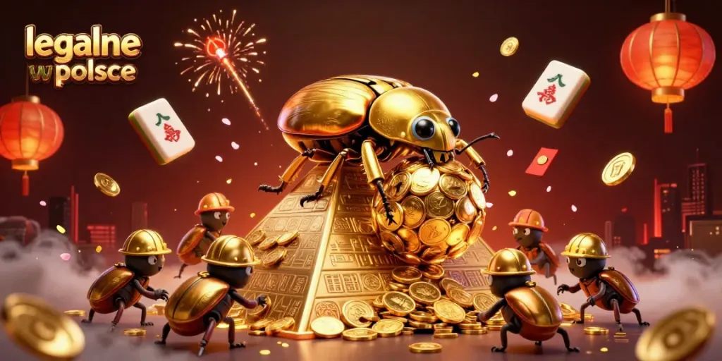 Engage in the excitement of legalne kasyno w polsce with a vibrant 3D illustration featuring unique golden beetles and casino symbols.