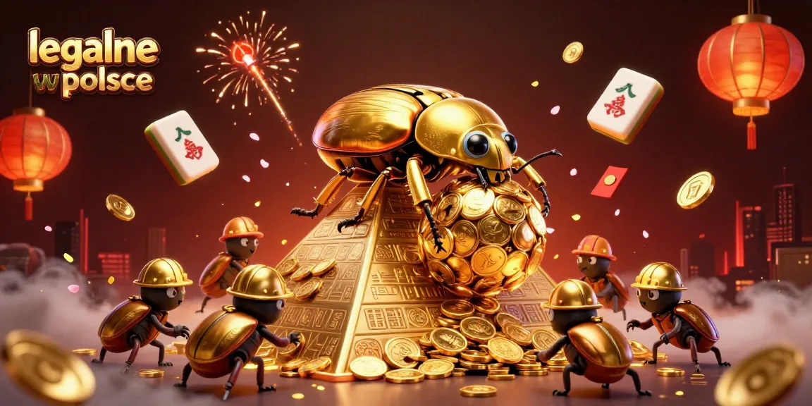Engage in the excitement of legalne kasyno w polsce with a vibrant 3D illustration featuring unique golden beetles and casino symbols.