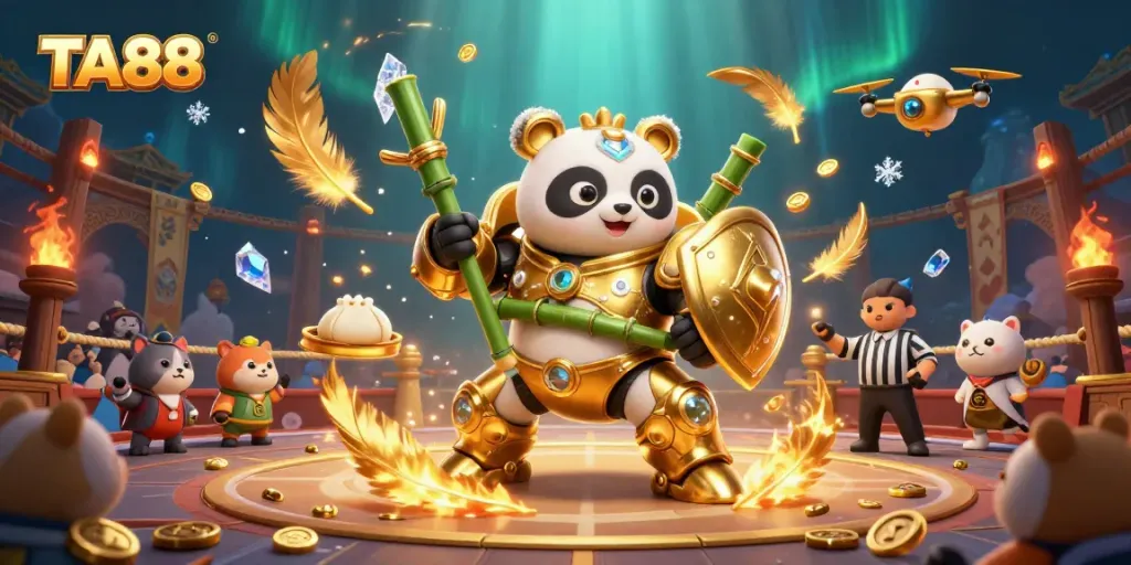 TA88 animation featuring a mech-suit golden panda in a vibrant casino-themed arena.