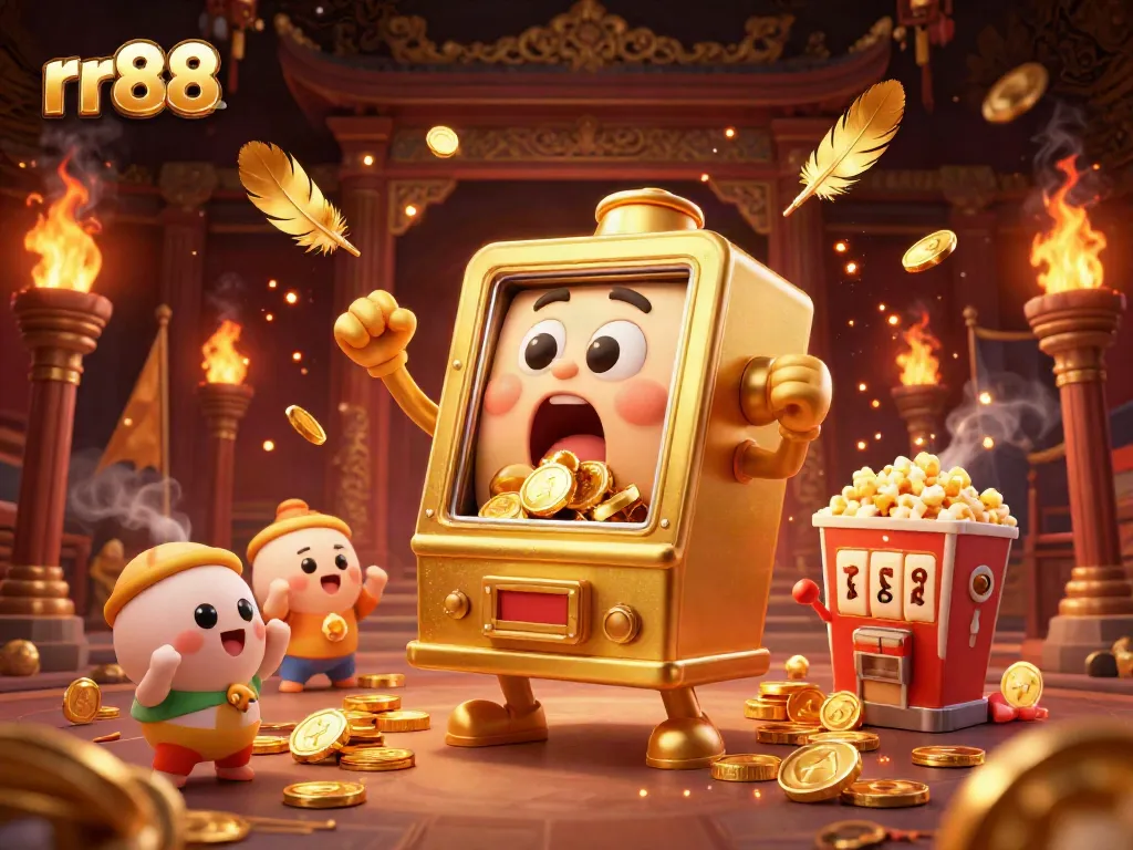 Engaging rr88 online casino illustration showcasing a golden slot machine celebrating a jackpot amidst cheering smaller slots and coins.