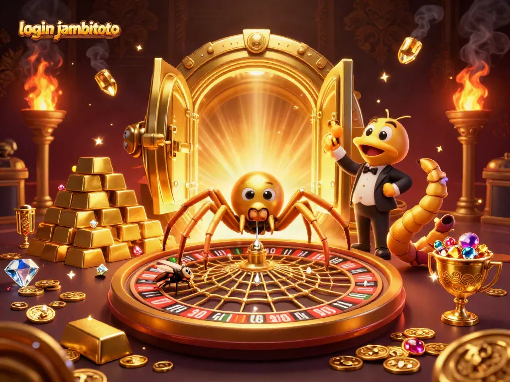 Engage with the login jambitoto experience in a vibrant casino-themed 3D illustration.
