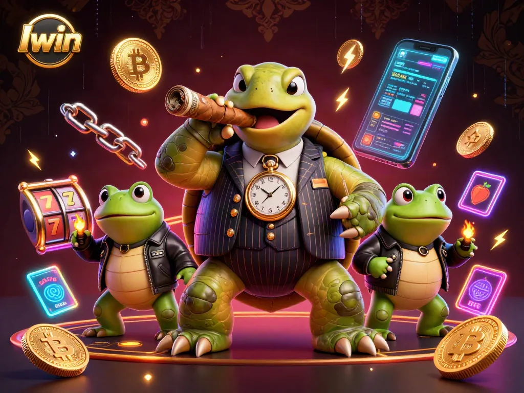 Iwin casino scene showcasing a turtle in a vintage mobster suit with crypto elements and slot machine features.