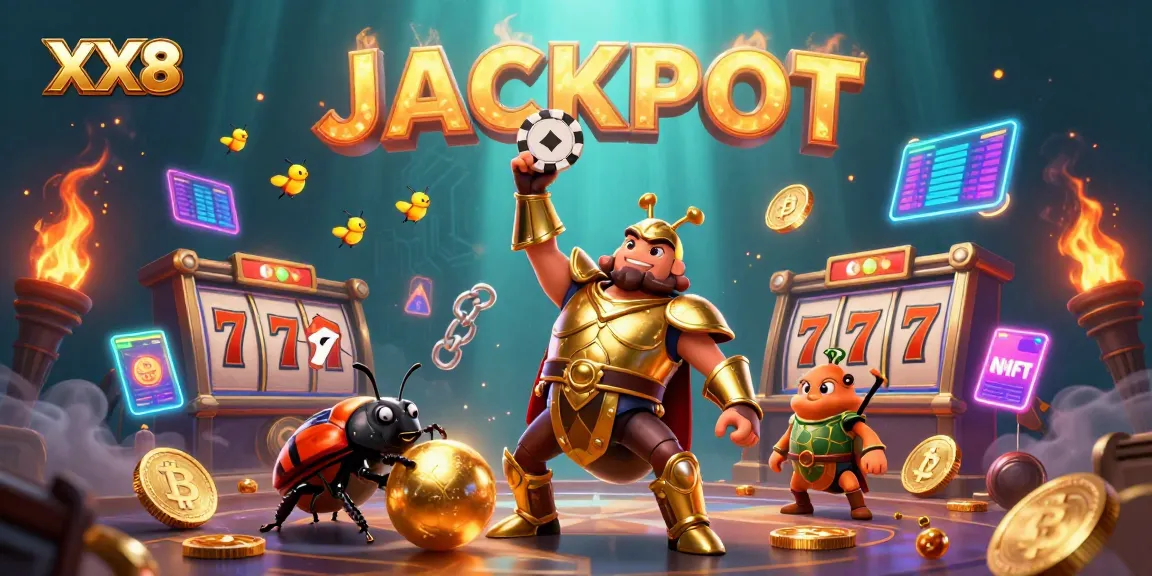 Join the victory with XX8: A triumphant beetle lifting a poker chip amidst vibrant casino elements.