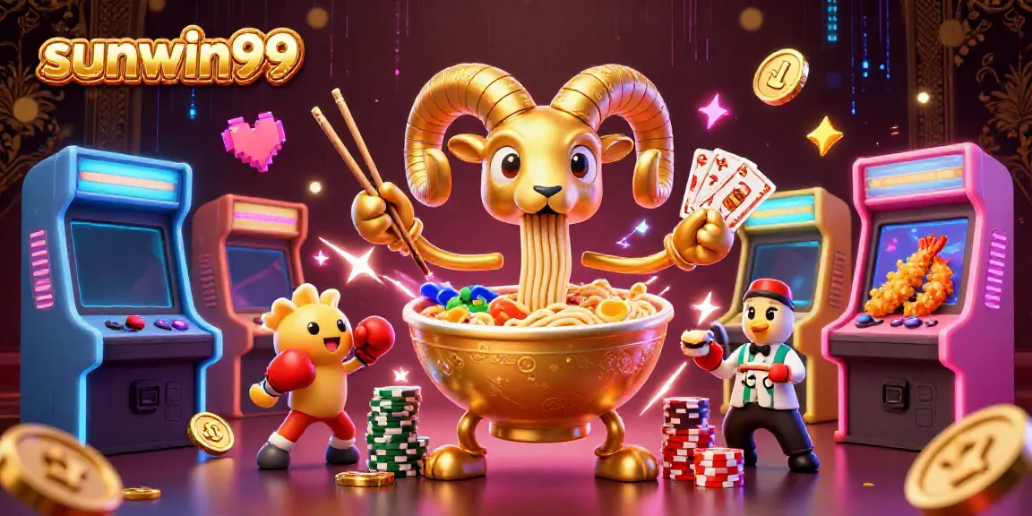 Experience epic wins with sunwin99, featuring a playful 3D ramen bowl dealer and dynamic casino game elements.