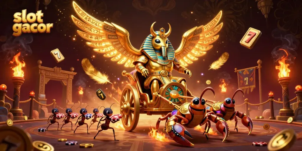 Gambarkan slot gacor dengan scarab emas berhiaskan perisai, menarik kereta berisi chip perjudian, dan elemen kasino lainnya.
