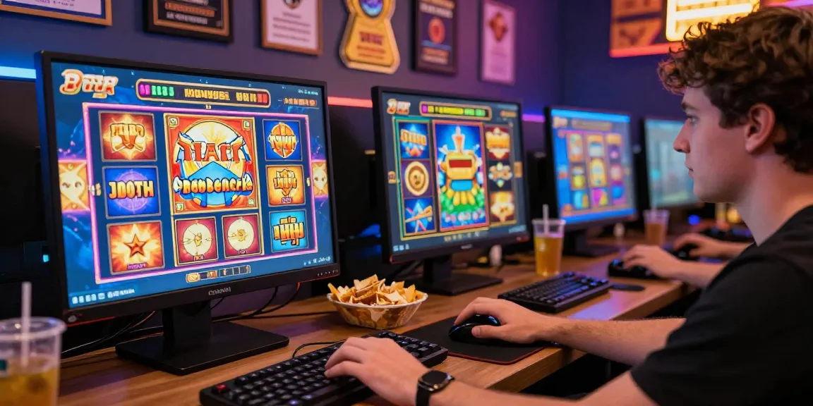 Player enjoying slot gacor gampang menang on desktop with vibrant graphics and snacks