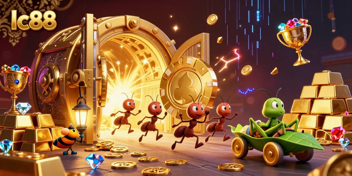 Engaging heist scene with lc88 branding, showcasing cartoon ants, gems, and golden treasures.