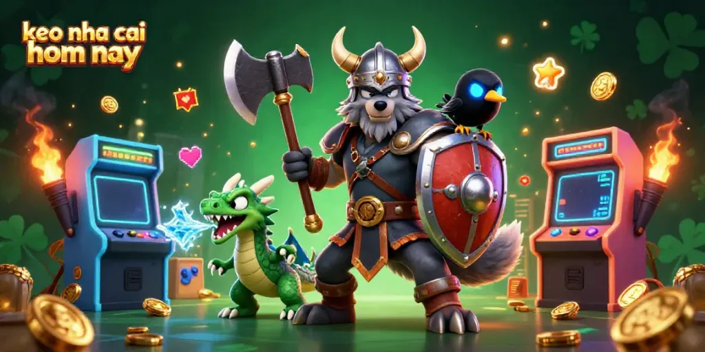 This vibrant scene illustrates the excitement of keo nha cai hom nay, with a Viking wolf warrior, dragon, and raven amid colorful gaming elements.