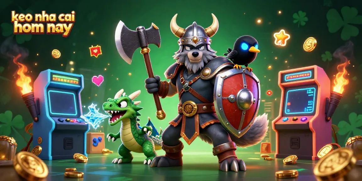 This vibrant scene illustrates the excitement of keo nha cai hom nay, with a Viking wolf warrior, dragon, and raven amid colorful gaming elements.