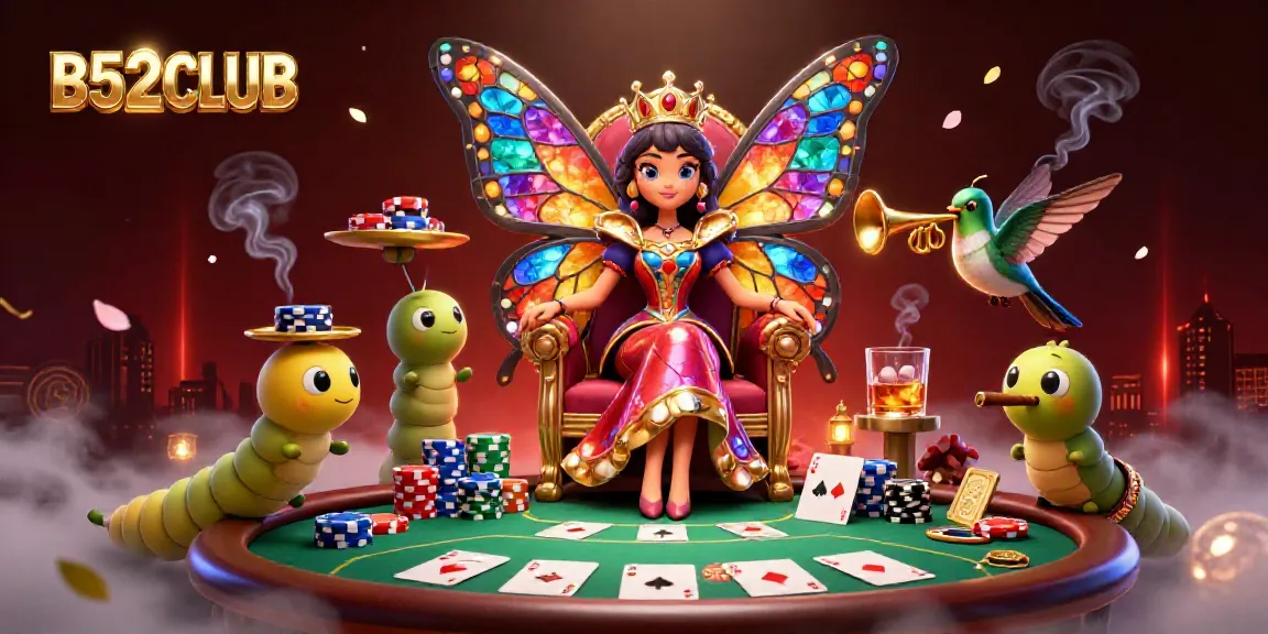 B52CLUB showcases a vibrant casino scene with a butterfly queen and poker elements, illustrating excitement.