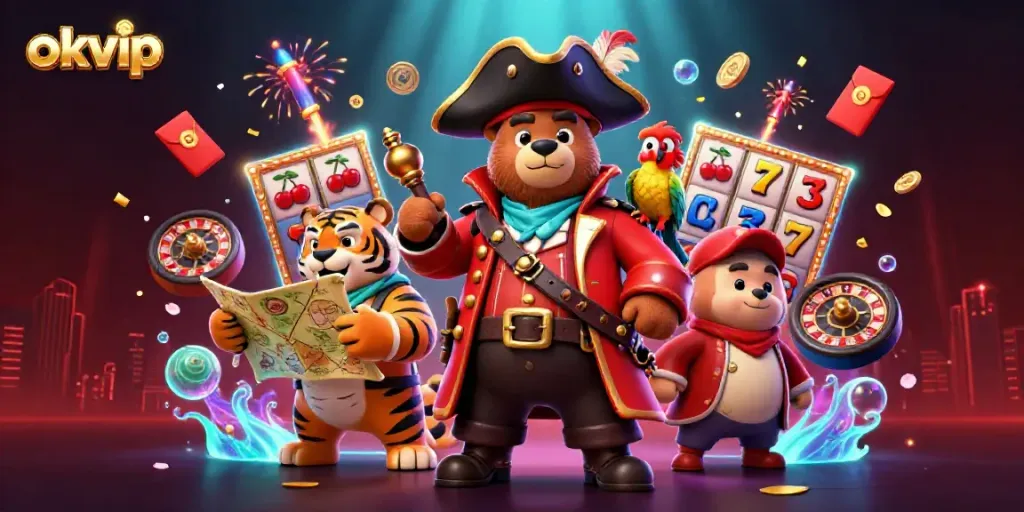 Experience thrilling okvip gaming with a pirate captain bear and friends exploring slots!