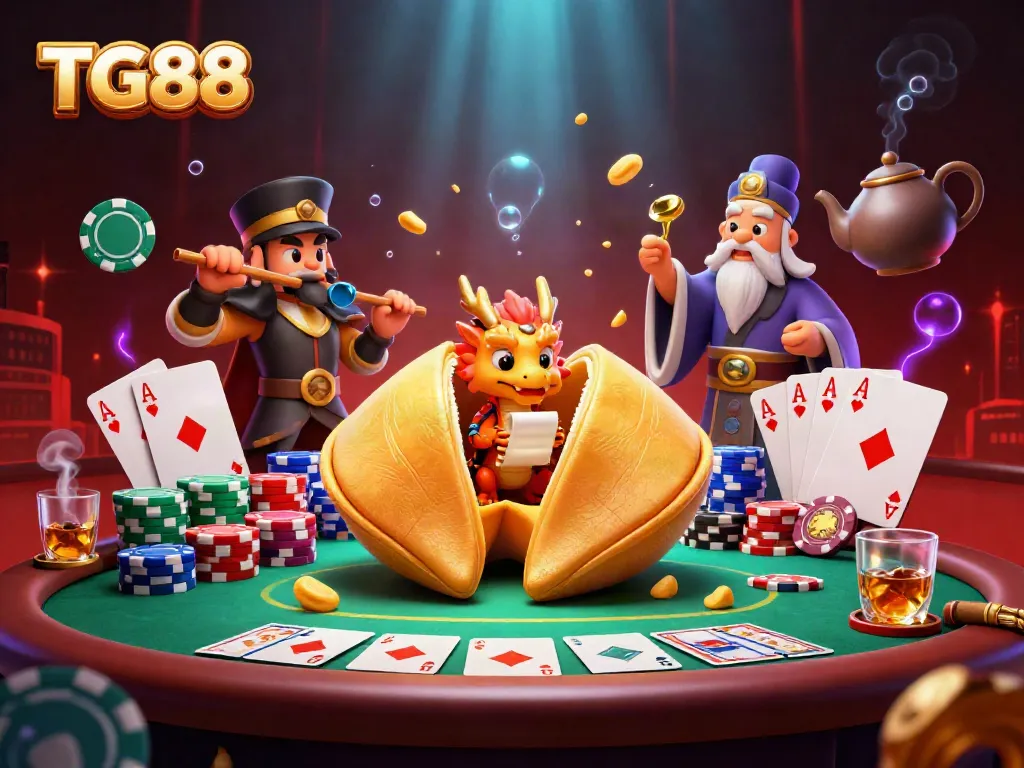 Engage in thrilling gameplay with TG88's vibrant casino scene featuring dragons, fortune cookies, and poker elements.