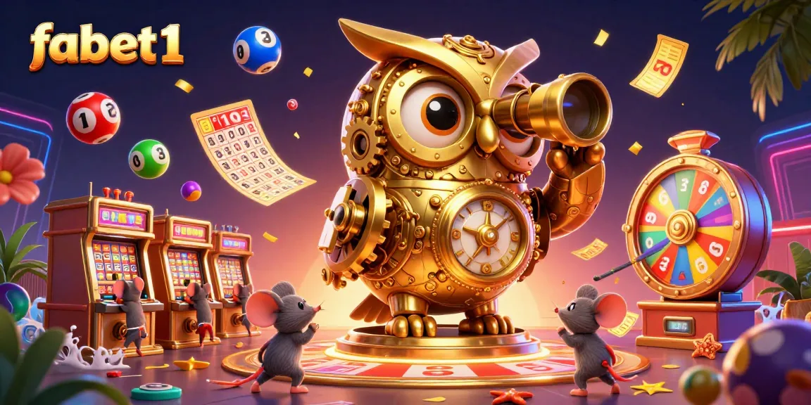 Join the fun at fabet1 with a captivating scene showcasing a golden owl scanning a vibrant casino floor.
