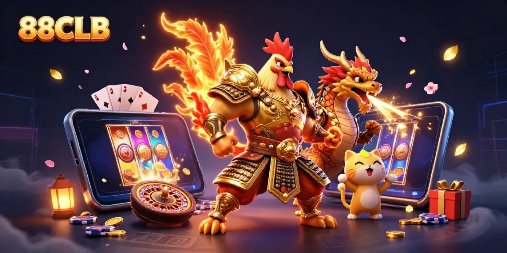 88CLB showcases an exhilarating scene with a rooster warrior and dragon hatchling amidst a casino adventure.