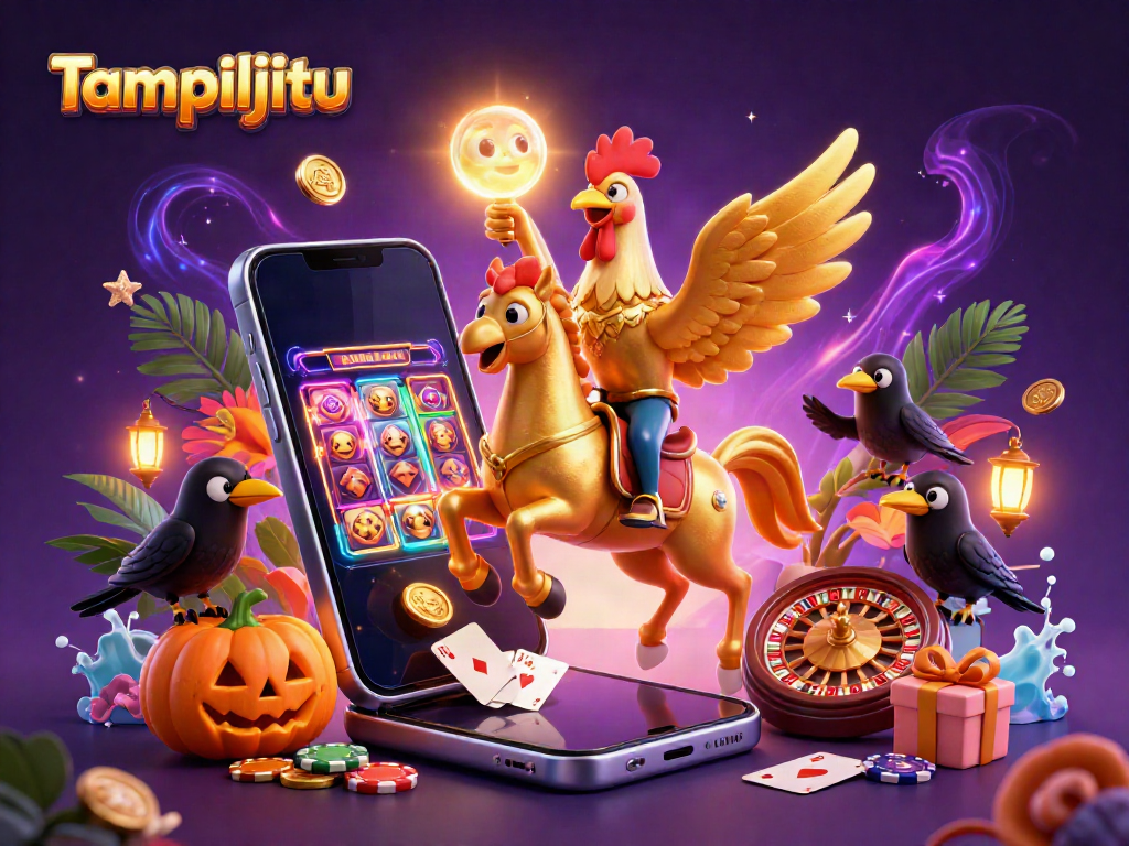Tampiljitu illuminates the night with vibrant slot games and golden characters in a magical casino.