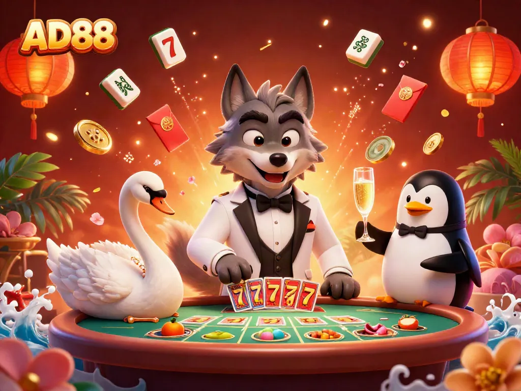 Experience thrilling gaming at AD88 with a colorful and lively casino atmosphere featuring cartoon characters and slot details.