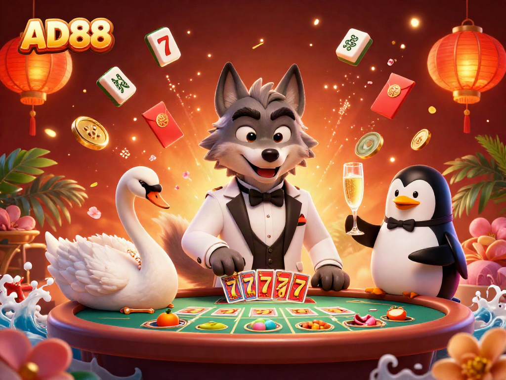 Experience thrilling gaming at AD88 with a colorful and lively casino atmosphere featuring cartoon characters and slot details.