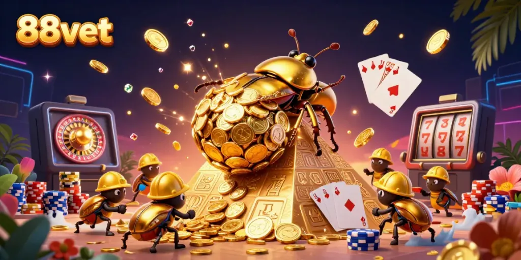 Experience the thrill of 88vbet in this vibrant 3D casino scene, showcasing dynamic golden coin action and engaging game elements.