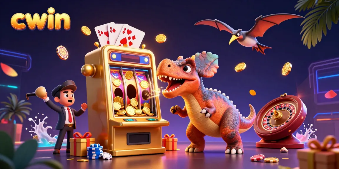 cwin generates jackpot coins as a pachycephalosaurus headbutts a slot machine in vibrant casino chaos