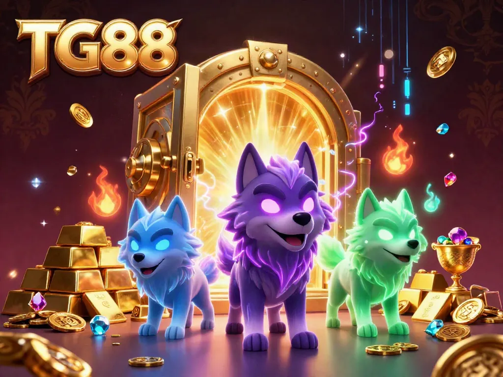 Engage with thrilling gaming action at TG88, featuring a vibrant wolf pack and treasures bursting from a vault.