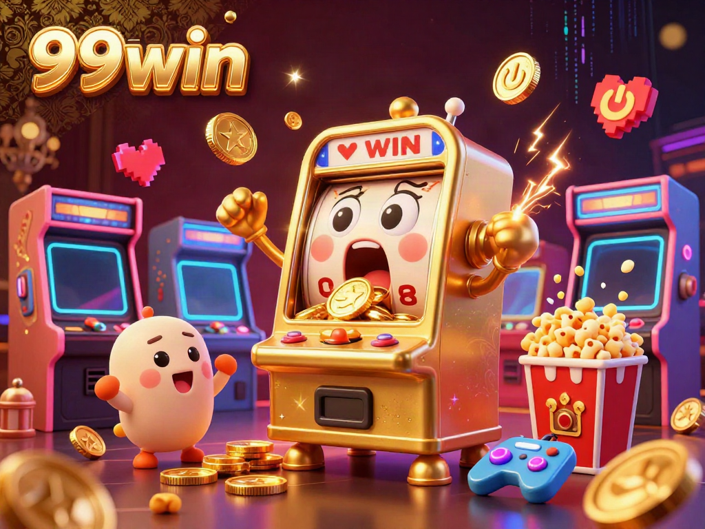 Experience the thrilling 99win jackpot action with golden slot machines celebrating wins amidst a vibrant gaming scene.