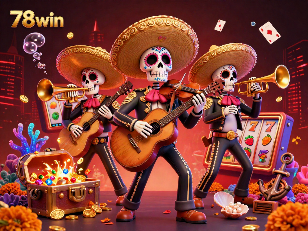Engage in thrilling 78win casino experiences with a vibrant Day of the Dead-themed illustration, showcasing festive mariachi characters and iconic game elements.