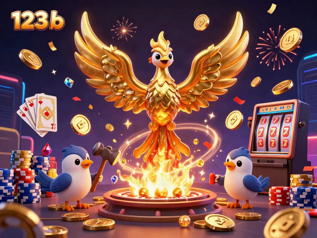 Experience thrilling gameplay with 123 b showcasing a molten gold phoenix and casino elements.