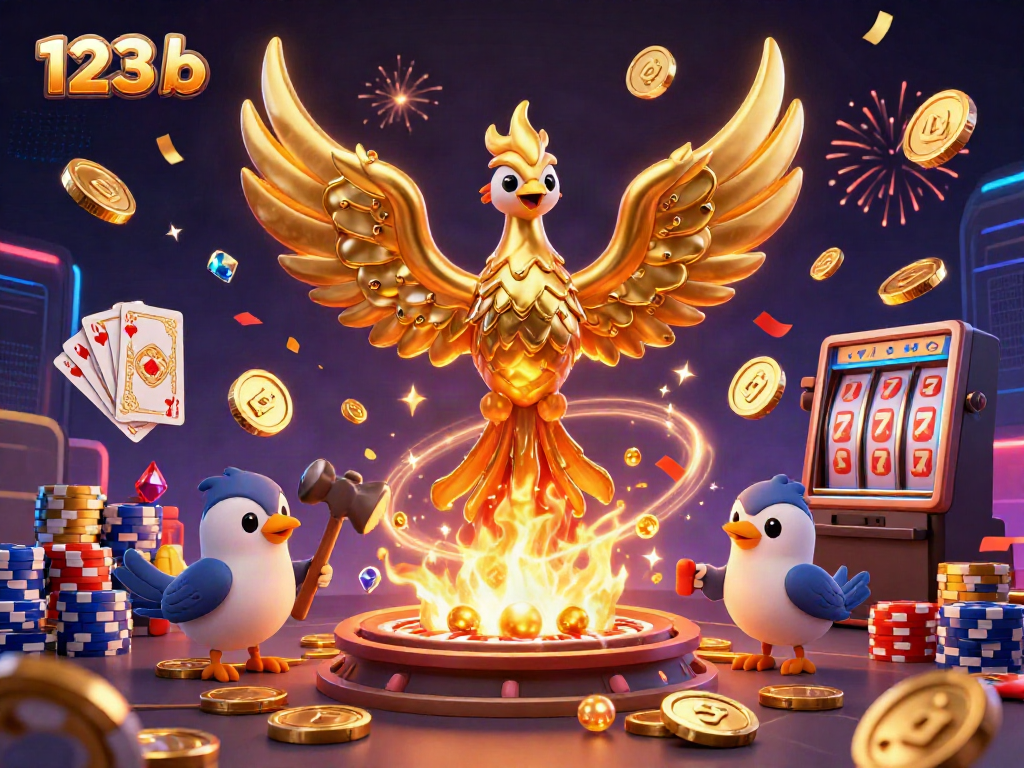 Experience thrilling gameplay with 123 b showcasing a molten gold phoenix and casino elements.