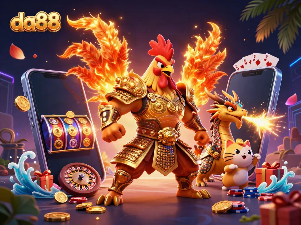 Engage in thrilling gaming adventures at DA88, featuring a fighting rooster and dragon, surrounded by vibrant casino elements.
