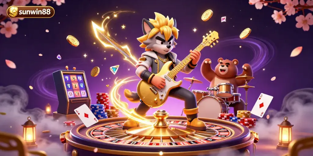 Experience thrilling casino action with sunwin88, featuring a rock star wolf and drummer bear amidst golden coins and vibrant gaming elements.