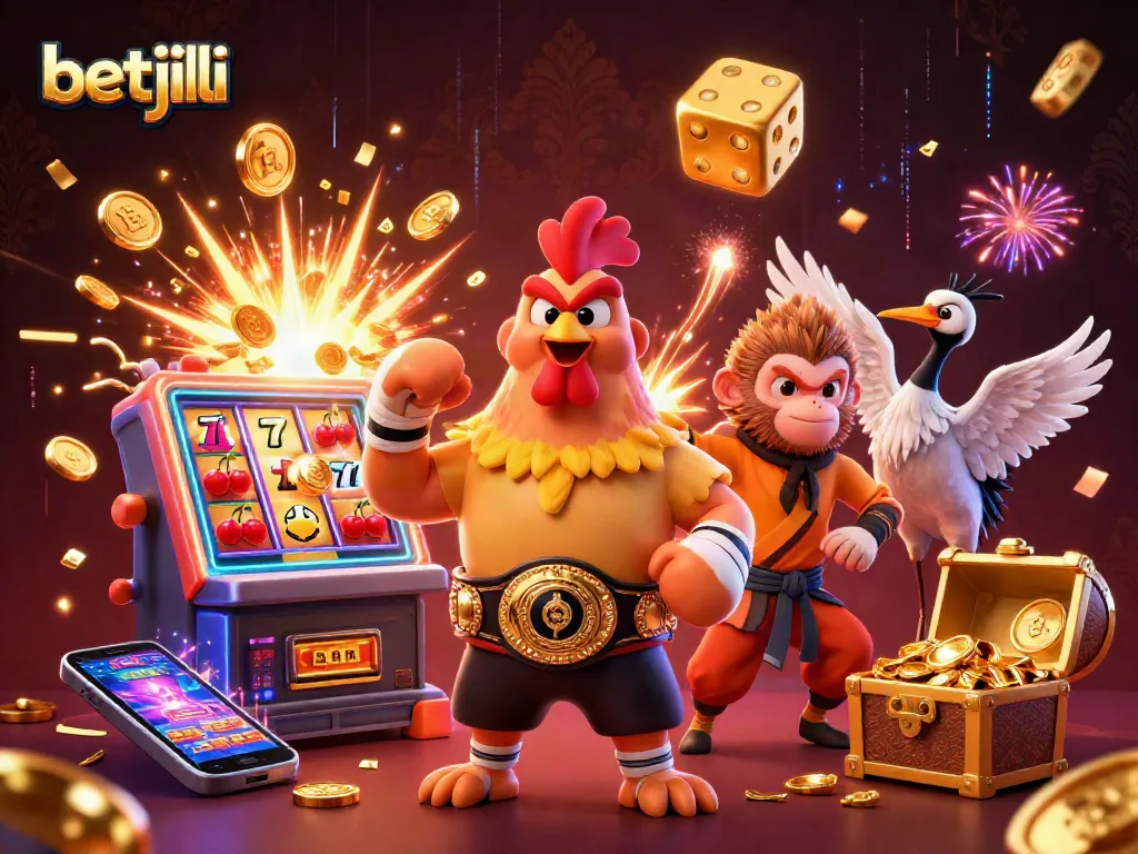 Experience the thrill of betjili with a vibrant 3D scene of a Muay Thai rooster, martial artist, and master.