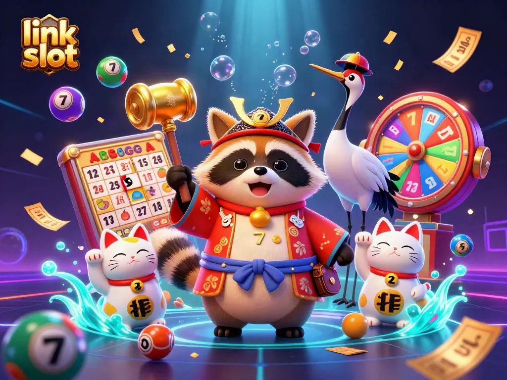 Engage with the link slot world featuring a cheerful tanuki and colorful game elements amid a vibrant casino atmosphere.