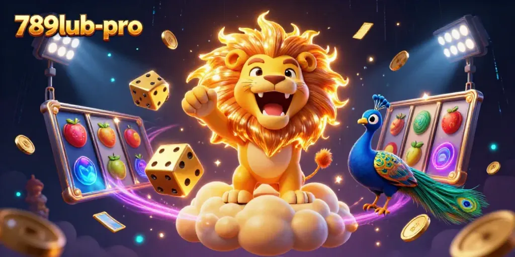 Witness the excitement of 789lub-pro with vibrant casino elements and a roaring lion illustration.