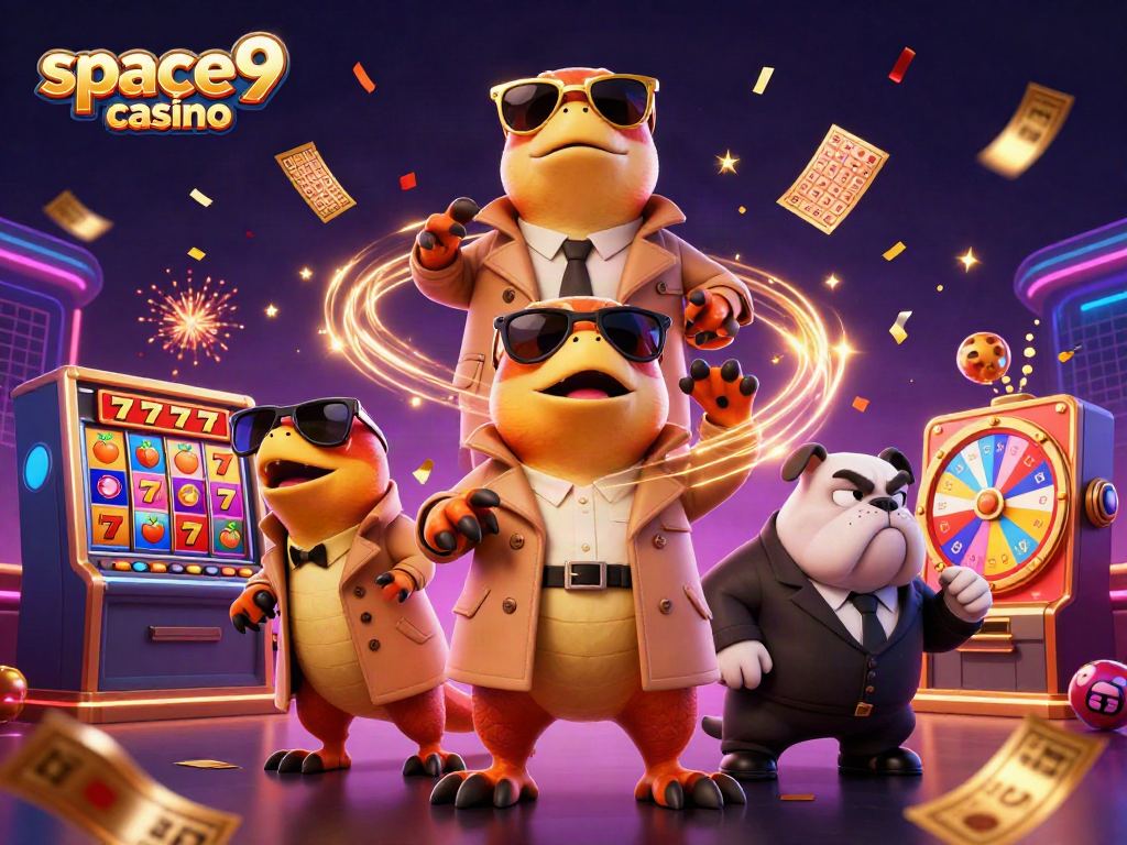 Join the fun at space9 casino with an exciting scene featuring playful raptors and vibrant game elements.