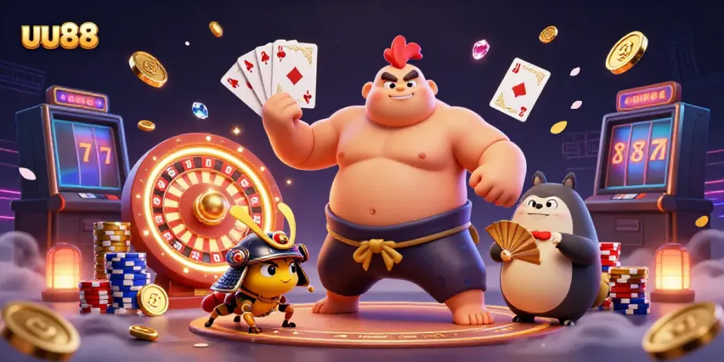 Experience the excitement of uu88 with a vibrant 3D scene showcasing thrilling casino elements and characters.