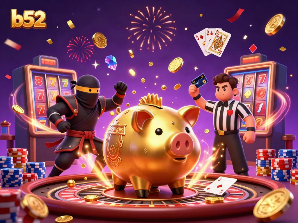The b52 sumo wrestler character unleashes coins in an exciting casino scene filled with vibrant gaming elements.
