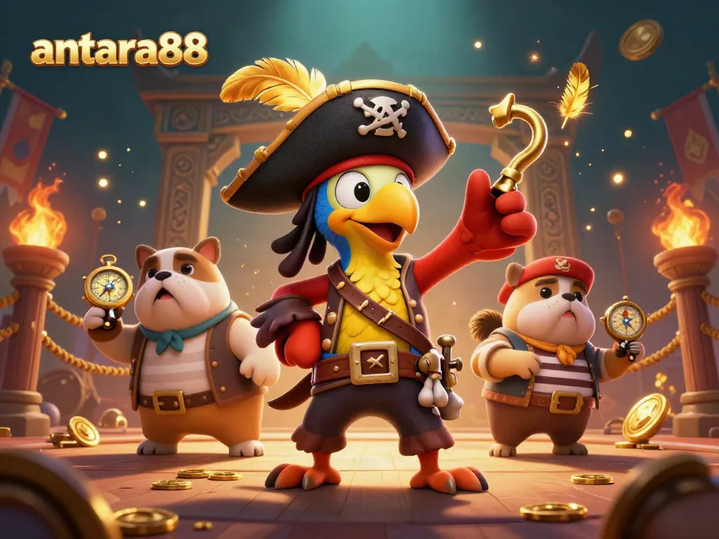 Experience high-stakes gaming at antara88 with our pirate-themed slot adventure featuring vibrant characters and gold.
