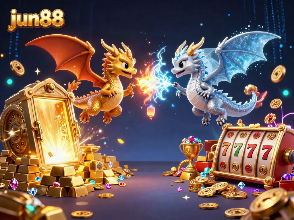 Experience the excitement of jun88 with vibrant 3D dragons and casino elements in this dynamic illustration.