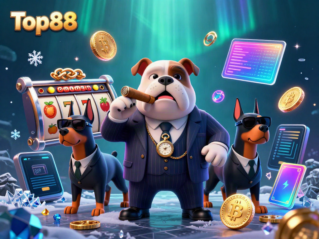 Experience the thrill of Top88 in this vibrant 3D gambling scene with animated characters and game elements
