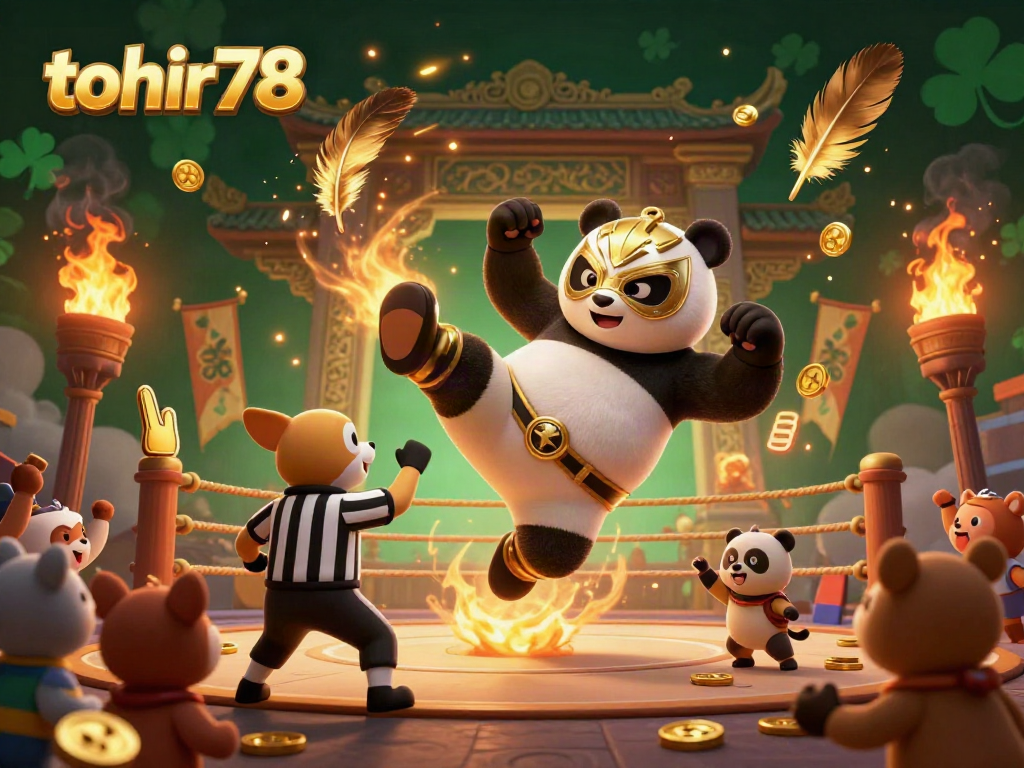 Experience the thrill of casino gaming with tohir78, as a cartoon panda wrestler performs a flying kick in an energetic arena.