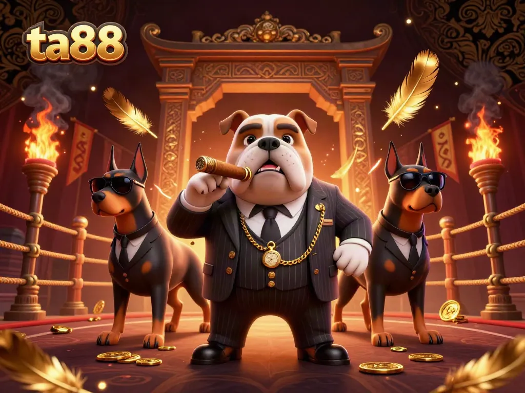 Get ready to win at ta88 with a lively atmosphere featuring a cartoon mafia bulldog surrounded by lavish gambling elements.