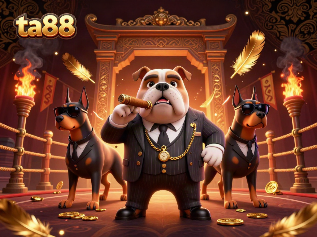 Get ready to win at ta88 with a lively atmosphere featuring a cartoon mafia bulldog surrounded by lavish gambling elements.