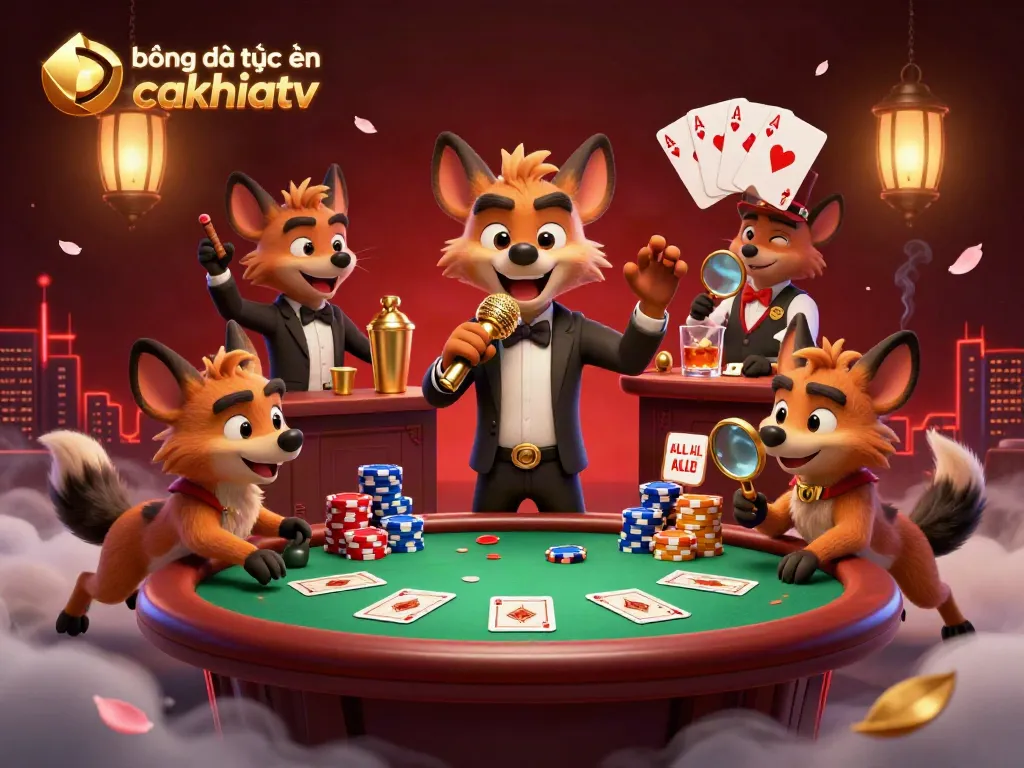 Bóng đá trực tuyến cakhiatv features a lively casino scene with hyena comedians, a bartender, and a bouncer.
