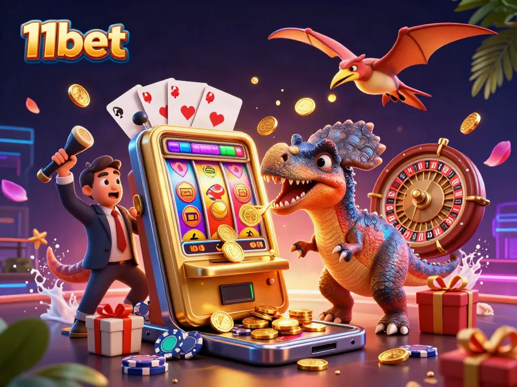 Catch the excitement at 11bet as characters interact with vibrant jackpot coins and casino elements.