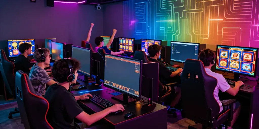 Exciting atmosphere showcasing players enjoying slot gacor hari ini in a modern gaming lounge.