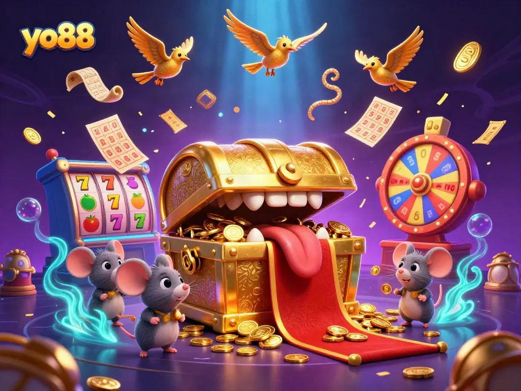 Engage in exciting gaming adventures with yo88's vibrant slot reels and golden treasures in a dynamic casino illustration.
