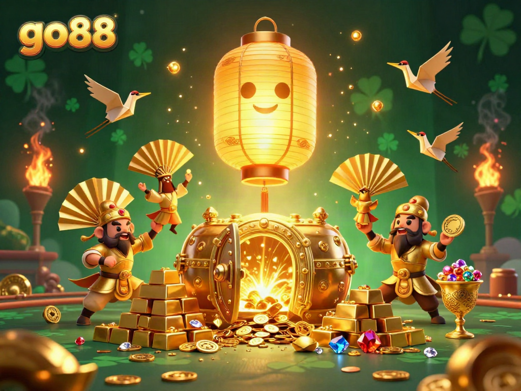 Experience the vibrant excitement of go88 with a captivating golden casino illustration filled with treasures and luck.