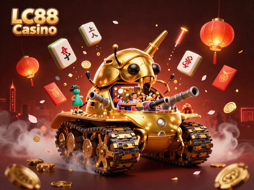 Experience the vibrant gaming world of LC88 Casino with our stunning illustration featuring a golden beetle tank casino.