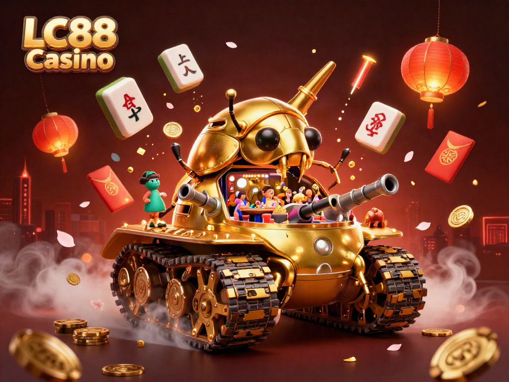 Experience the vibrant gaming world of LC88 Casino with our stunning illustration featuring a golden beetle tank casino.