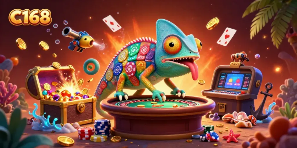 Experience the C168 excitement with a vibrant chameleon casino owner amidst exploding treasures and playing cards.